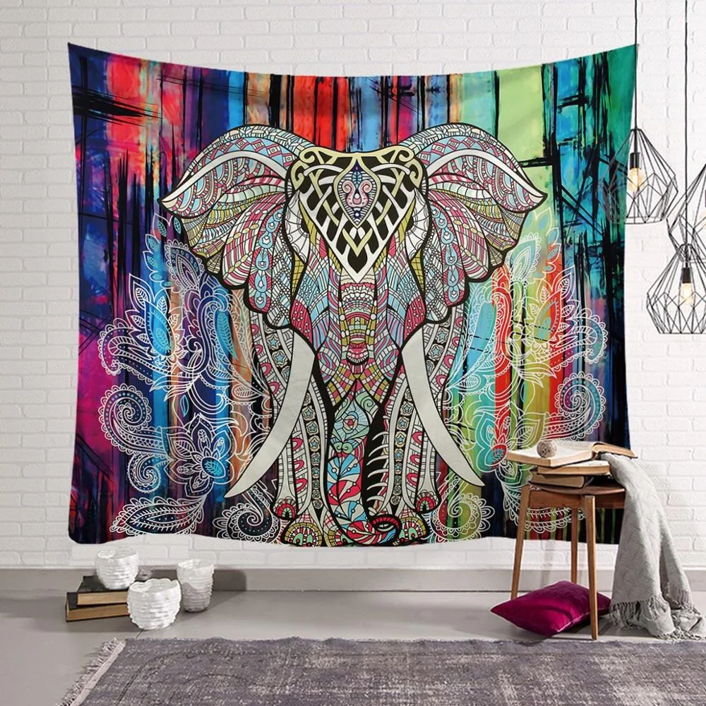 Indian Elephant Print Wall Hanging Carpet Throw Yoga Mat for Home Bedroom Decor Mandala Polyester Square Tapestry Boho Carpets