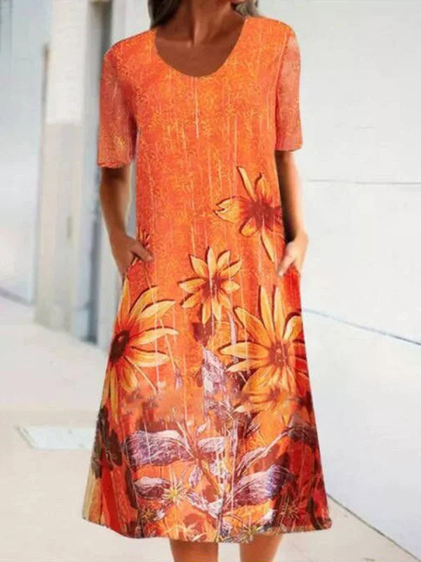 Women's Short Sleeve Scoop Neck Floral Printed Midi Dress