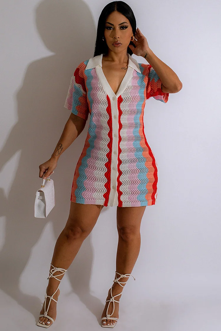 V Neck Short Sleeve Wave Knit Slim Mini Dress