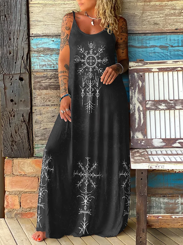 Viking Ansuz Cosmic Magic  Fehe Divine Prosperity Symbol Slip Maxi Dress