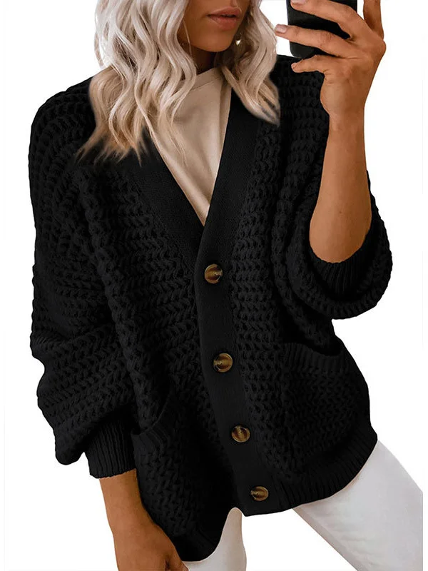Athvotar Athvotar And Winter New Single-Dbutton V-Neck Sweater Women Loose Lantern Sleeve Jacket