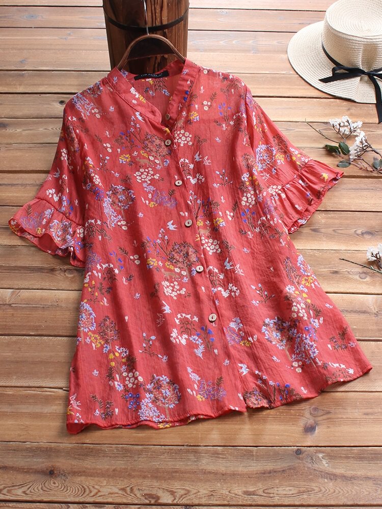 Short Sleeve Floral Print Vintage Blouse For Women P1511075