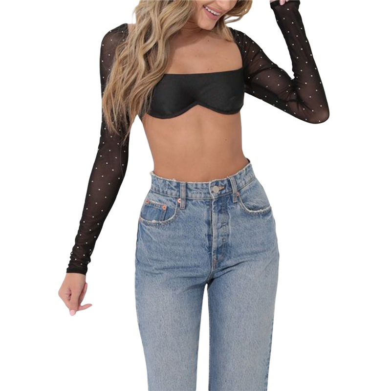 Sexy Solid Color Corset Top Y2k Women Long Sleeve Mesh Patchworkshirt Aesthetic Harajuku
