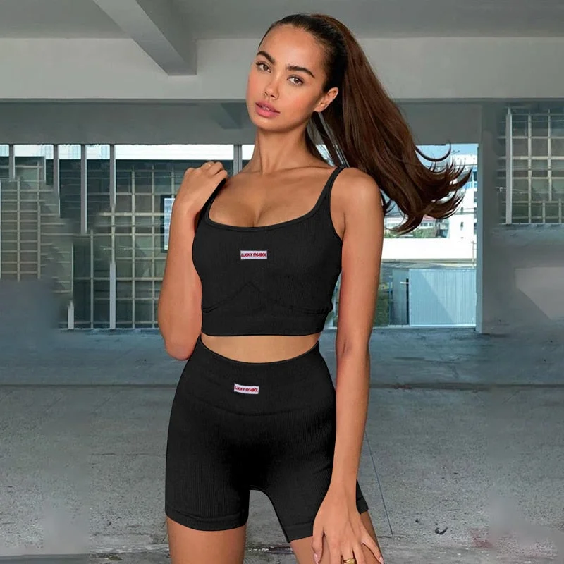 Huiketi Women Summer Ribbed Knit Tracksuits Female Sleeveless Straps Crop Tops+High Waist Shorts Female Set Sports Two-Piece Running Set