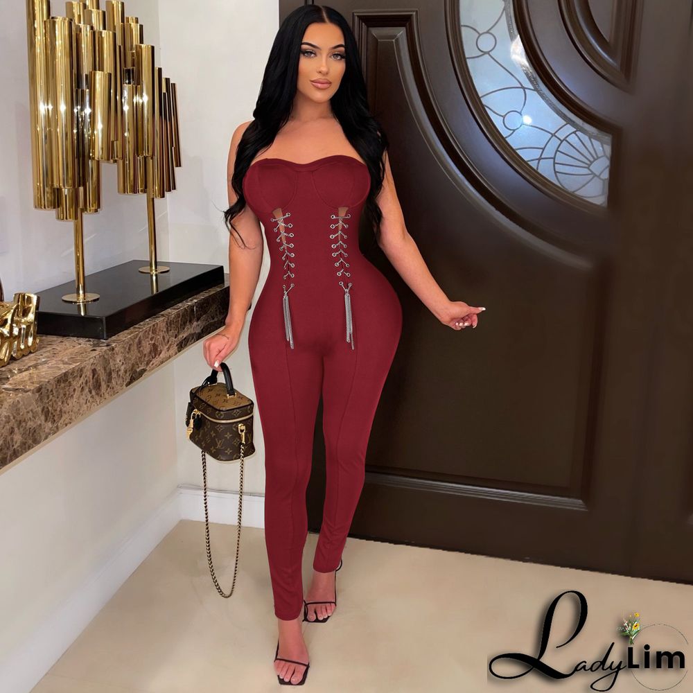 Sexy Tube Top Corns Metal Chain Waist Jumpsuit