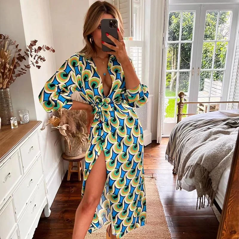 Women Vitange Pattern Print Boho Shirt Dress Female Fashion Lapel Long Sleeve Lace Up Robe 2022 Summer High Slit Loose Dresses
