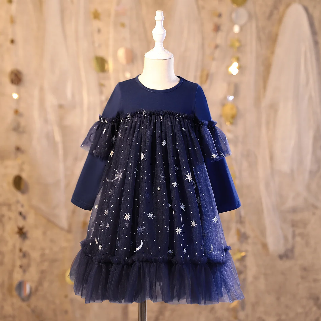 Buzzdaisy Solid Color Princess Dress For Girl Round Collar Star Swing Dress Long Sleeve Machine Wash Cotton Spring/Fall