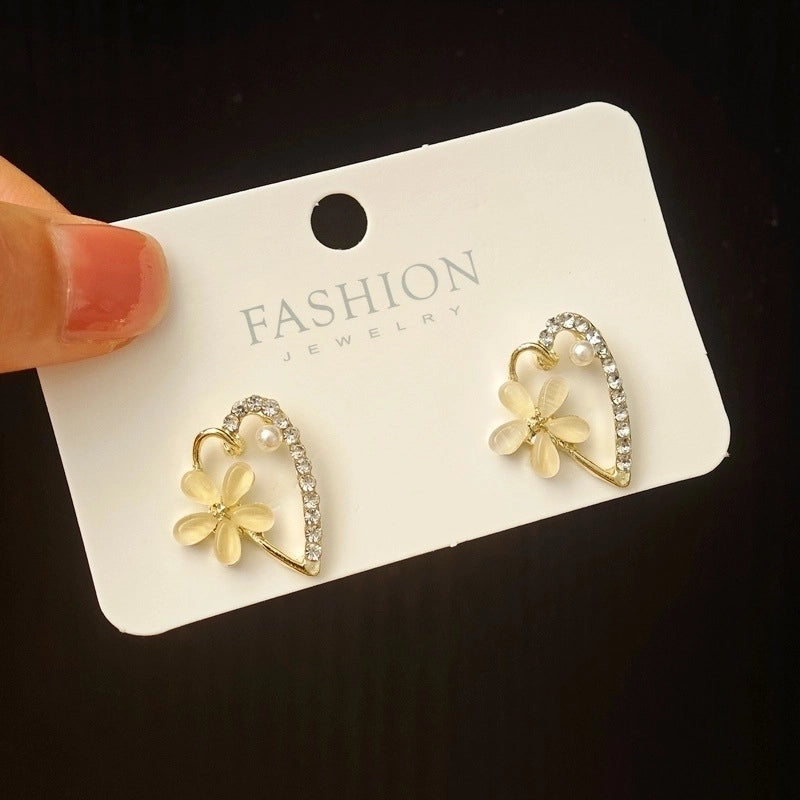3 Pieces Sweet Heart Shape Rose Flower Inlay Imitation Pearl Alloy Rhinestones Earrings