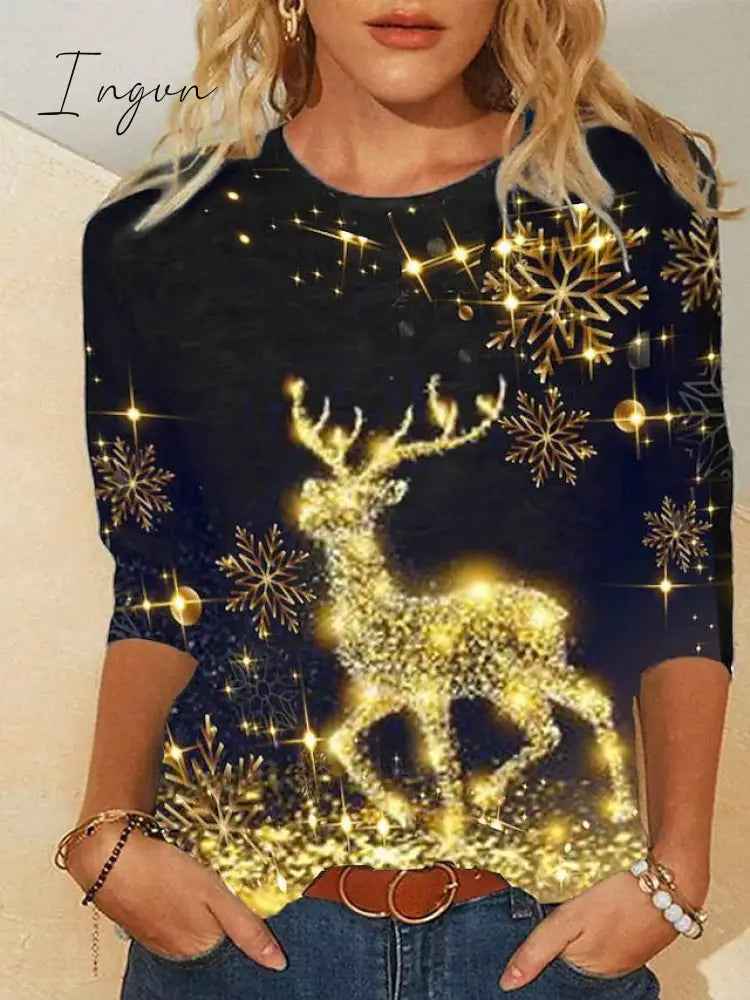Ingvn - Women’s T Shirt Tee Black-T1 Snowman Reindeer Print Long Sleeve Christmas Weekend Basic