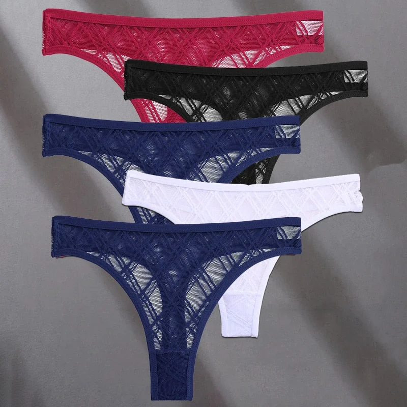 FINETOO 5PCS/Set Lace Sexy Women Thongs Floral Perspective G-string Lingerie Panties Low-Waist Femme Girls Underwear Mesh Pantys