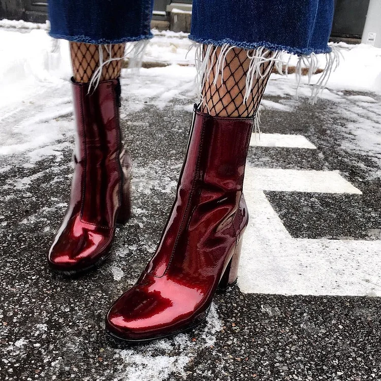 Burgundy Patent Leather Chunky Heel  Boots Fashion Ankle Boots |FSJ Shoes