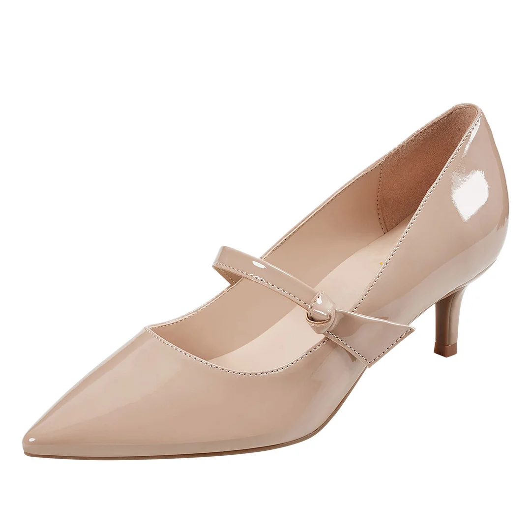 YDN Nude Patent Leather Pointed Toe Elegant Mary Jane Heels