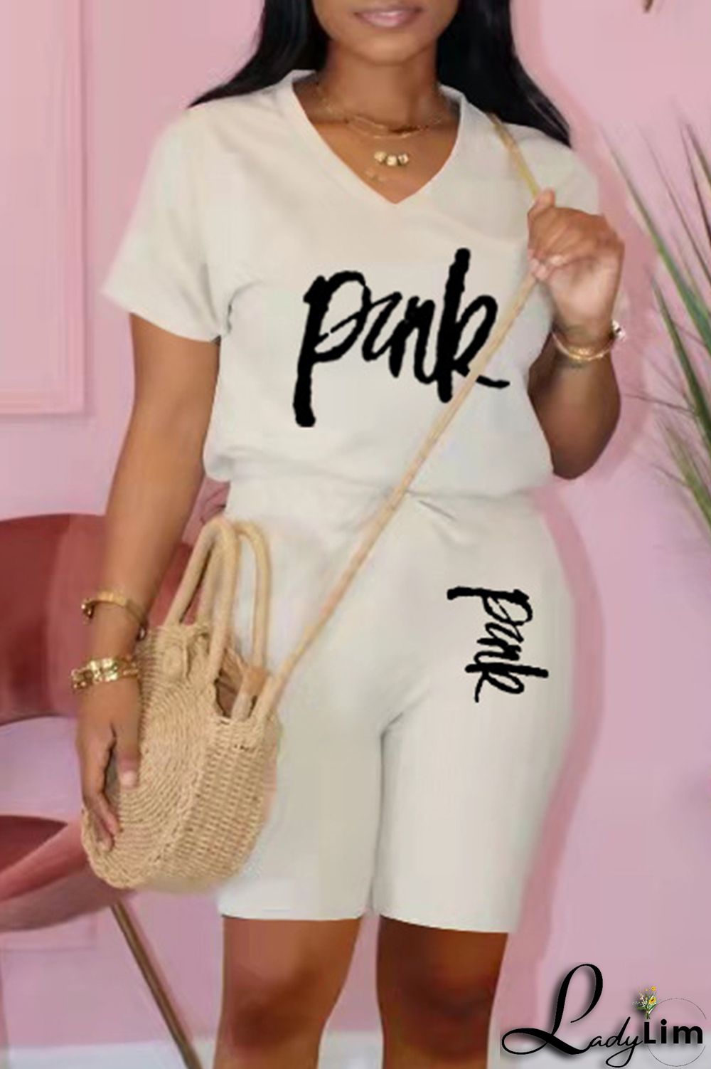 Black Fashion Casual Letter Print Basic V Neck Short Sleeve Two Pieces