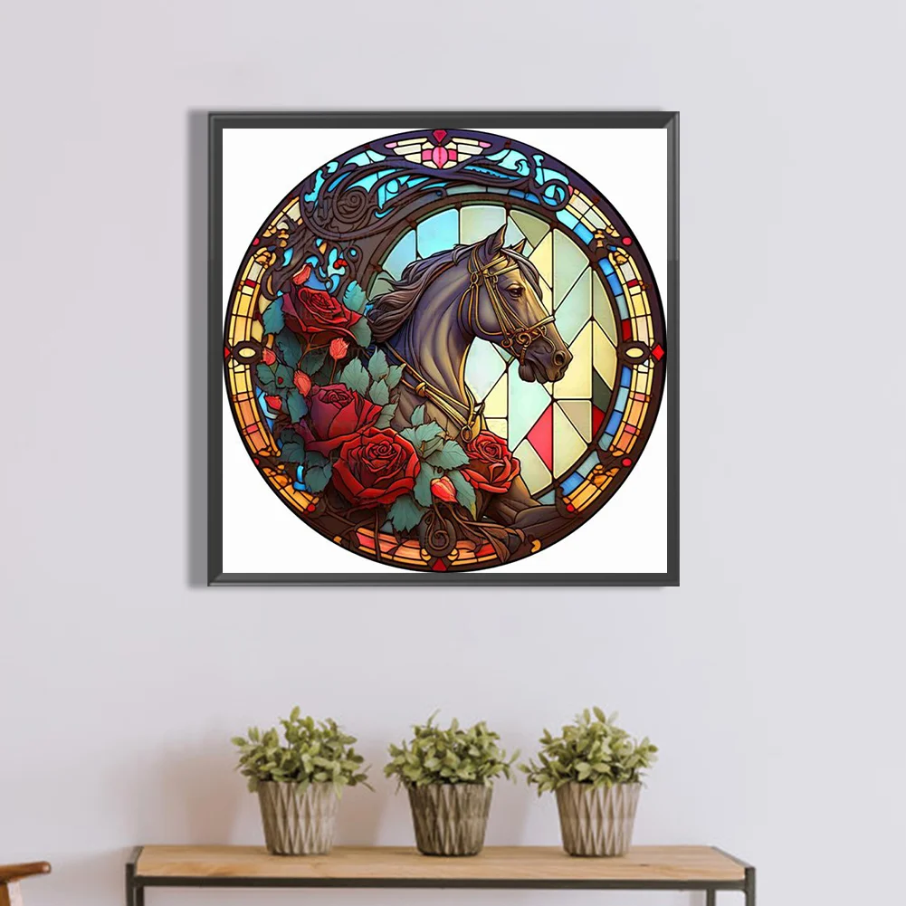 Diamond Painting - Full Round Drill - Stained Glass Rose Horse(30*30cm)