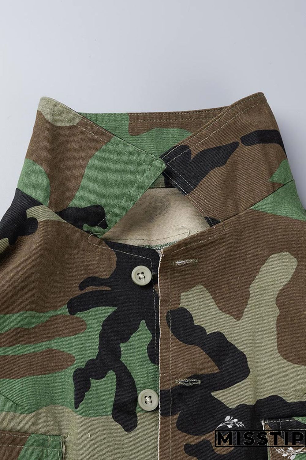 Camouflage Street Print Camouflage Print Patchwork Pocket Buckle Turndown Collar Tops