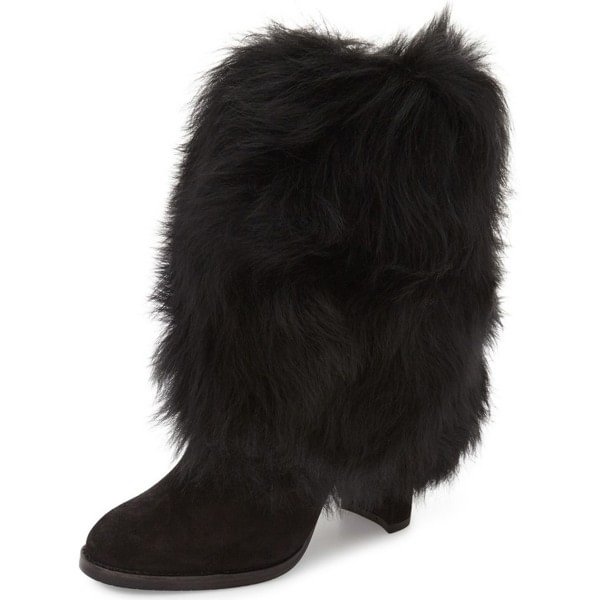Black Furry Boots Chunky Heel Mid-calf Snow Boots
