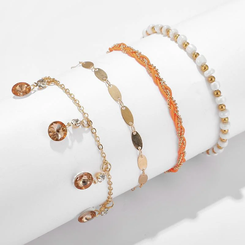 Women plus size clothing 4 Pieces Diamond Tassel Bead Anklet Sets Wholesale Cheap Jewelry-Nordswear
