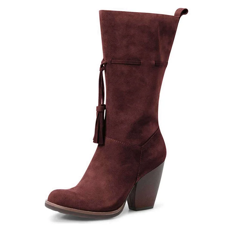 Burgundy Tassel Suede Mid-Calf Boots with Chunky Heel Vdcoo