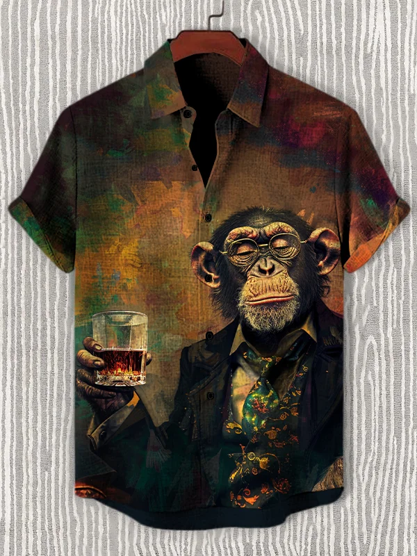 Men's Gentleman Monkey Boss Drinking Print Shirt