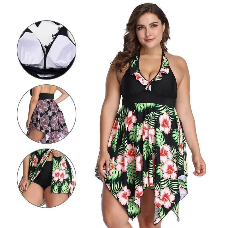 Meladen™ Frauen Plus Size Tankini Set mit Sexy V-Ausschnitt Bademode Kleid