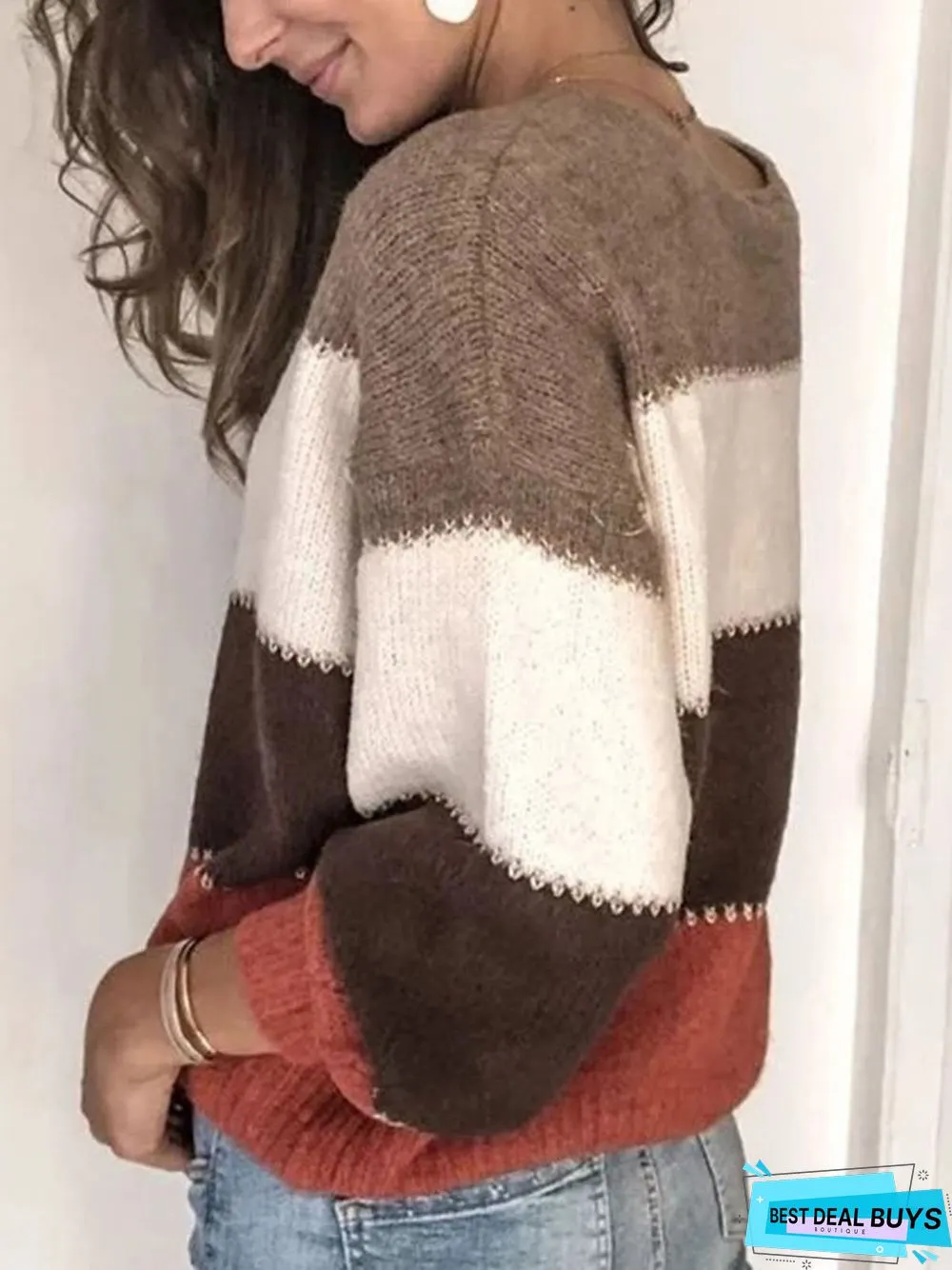 Long Sleeve Casual Paneled Crew Neck Sweater