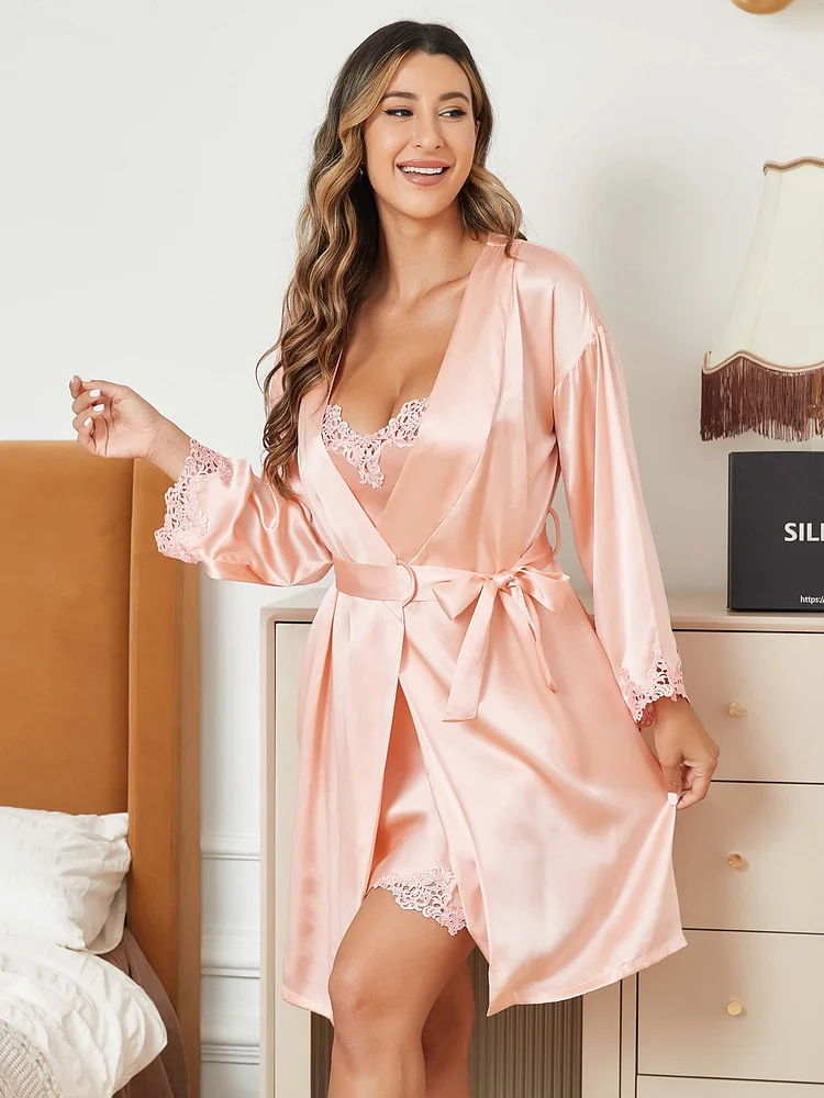 Pure Silk Elegant Lace Cuffs Nightgown&Robe Set 2Pcs