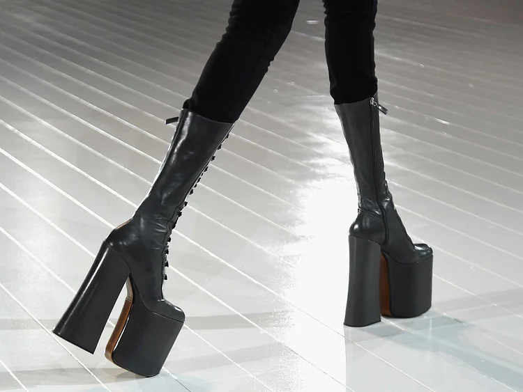 Custom Made Black Fashion Mid-Calf Platform Boots |FSJ Shoes