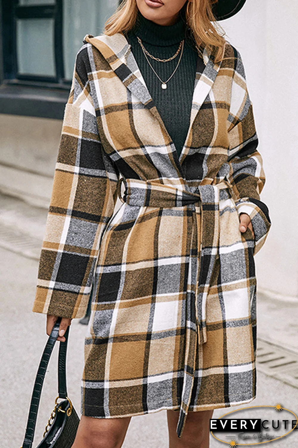 Fashion Elegant Geometric Pocket With Belt Hooded Collar Outerwear