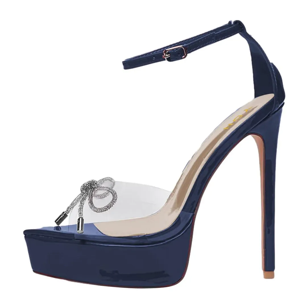 Navy Rhinestone Bow Peep Toe Stiletto Heel Clear Platform Sandals