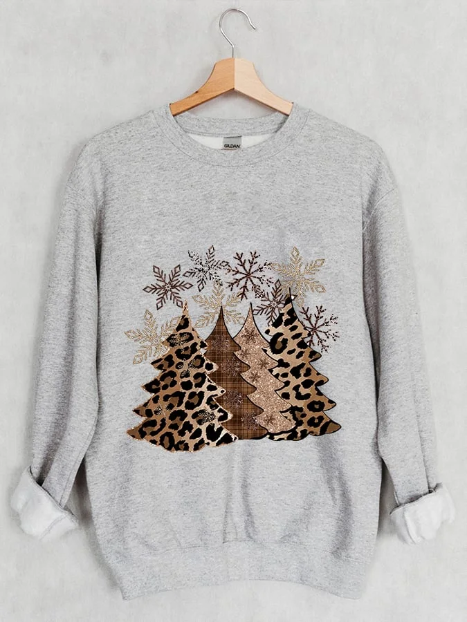 Women's Leopard Christmas Tree Print Sweatshirt-mysite