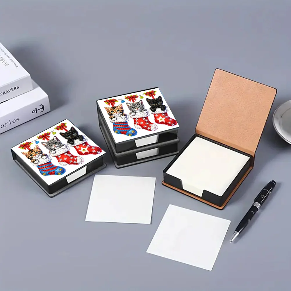 5D DIY PU Diamond Art Note Box with 160 Sheets Paper Mosaic Kit (Kitty Socks)