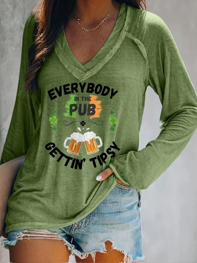 Everybody In The Pub Gettin' Tipsy Printed V-Neck Long Sleeves Women's T-shirt socialshop