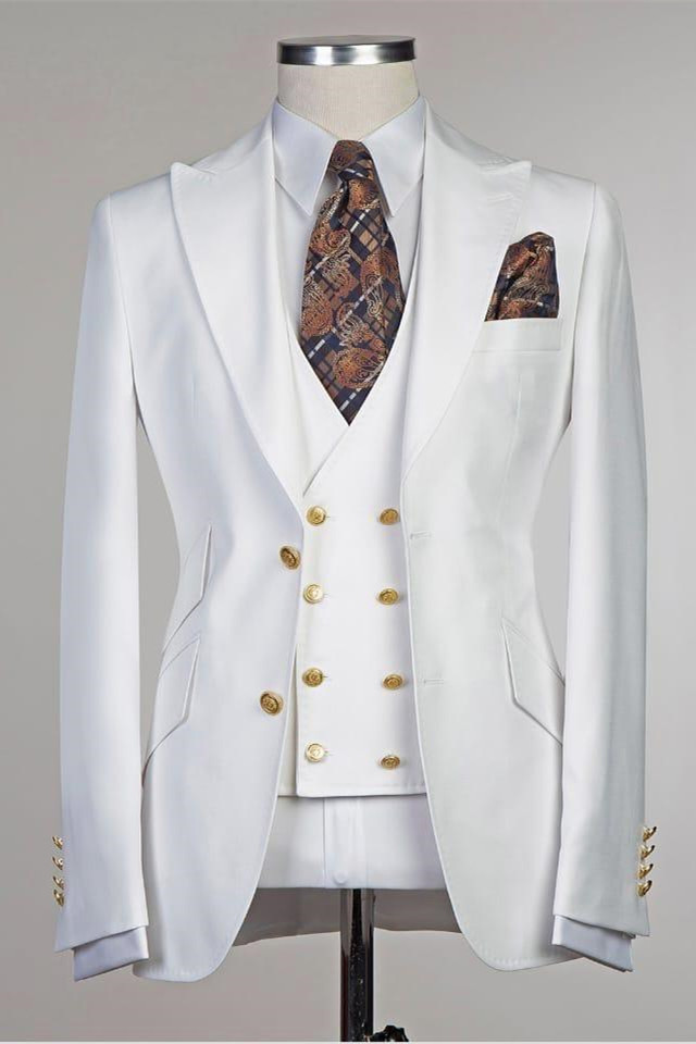Glamorous Slim Fit White Peaked Lapel Fashion Wedding Groom Suit | Risias