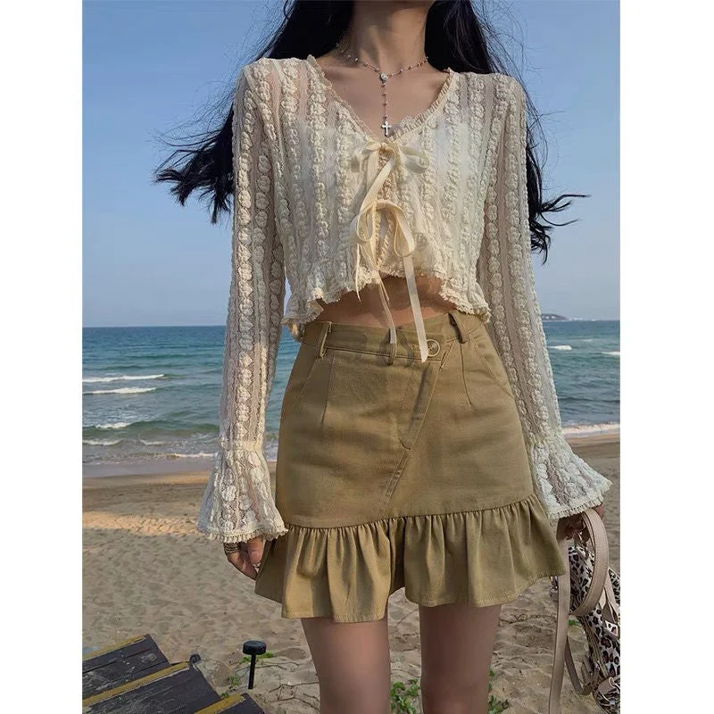 Women Cardigan Knitted Lace Crop Tops Long Flare Sleeve V-neck Summer Thin Sun Protection Students All-match Slim Outwear Simple