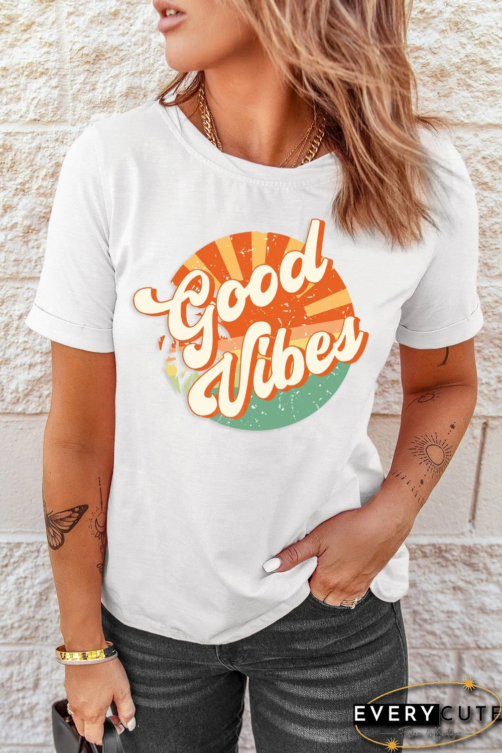 White Good Vibes Print T Shirt