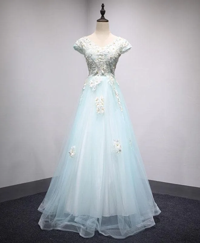 Light Blue Lace Tulle Long Prom Dress, Lace Evening Dress