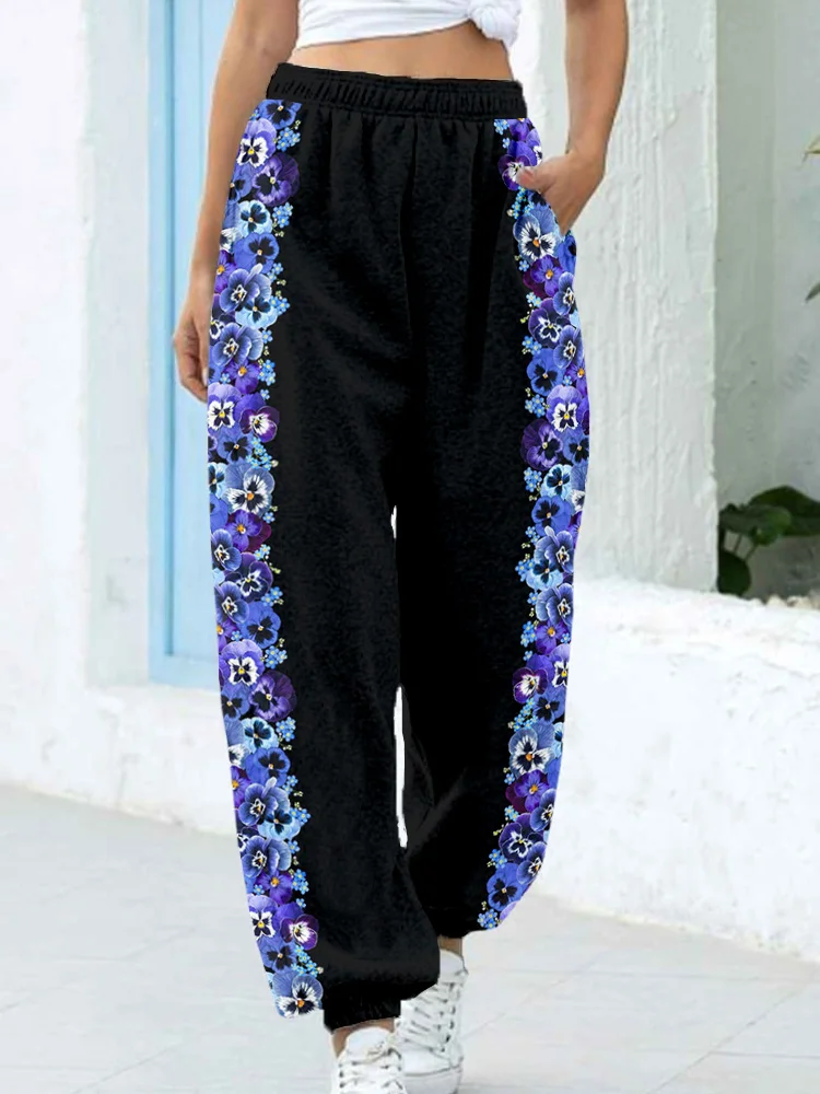 Wearshes Purple Pansy Flower Art Pattern Comfy Sweatpants