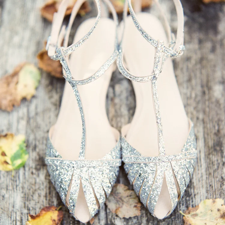 Silver Wedding Flats T Strap Glitter Shoes for Bridesmaid |FSJ Shoes