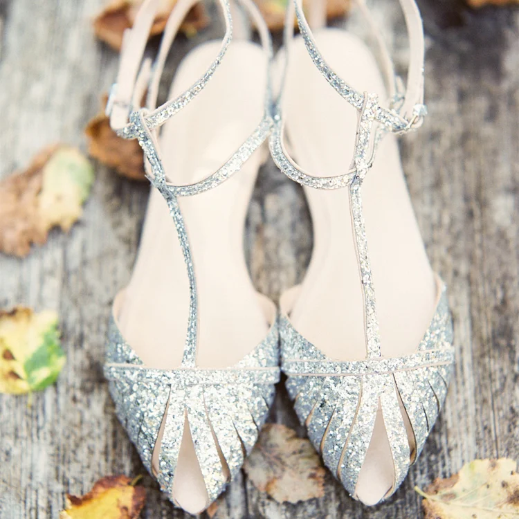 Silver Glitter Wedding Flats Pointed Toe Cut Out T Strap Sandals