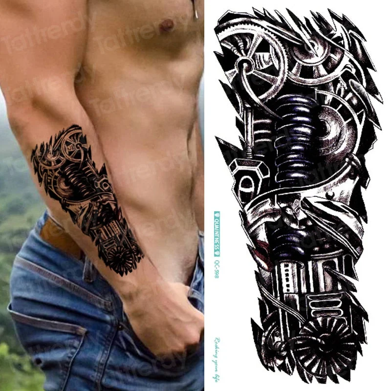 Black Stylish 3D New Man's Half Sleeve Arm Temporary Totem Tattoo Stickers Mechanical Body Art Tatoos for Boys Mens Armband