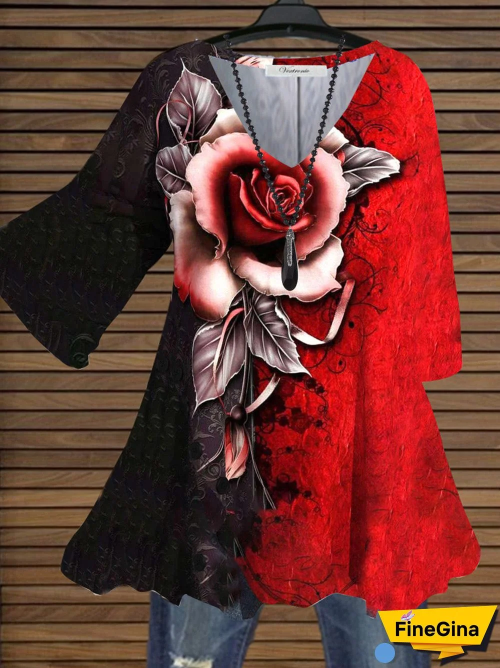 Women Red Half Sleeve V-neck Colorblock Floral Printed Top