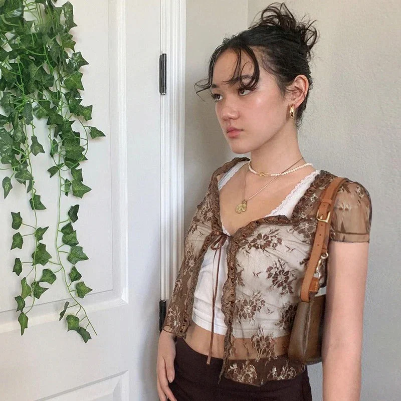 Vintage Sheer Floral Lace-up See Through Mesh Tops