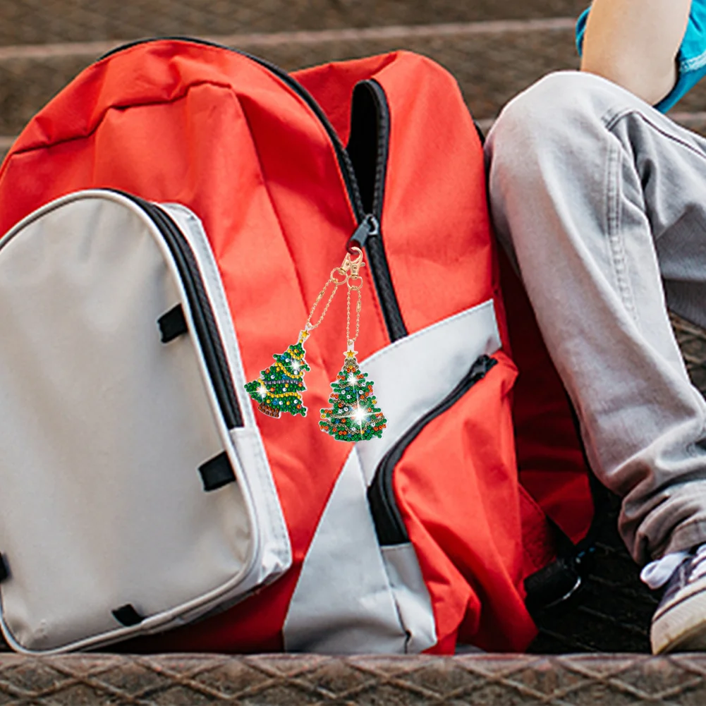 5pcs Diamonds Painting Keychain Christmas Tree Crafts DIY Key Ring Decor(Double Side)