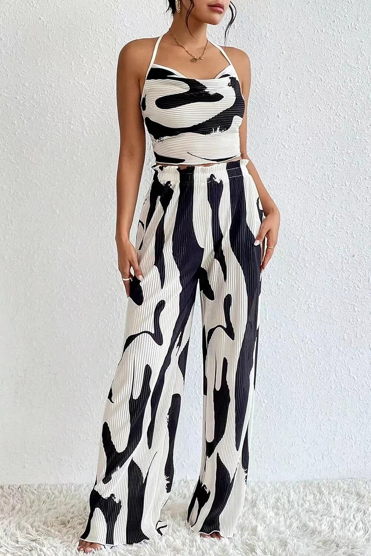 Halter Crop Top Graphic Print Pleated Straight Leg Pants 2pcs Set-Black