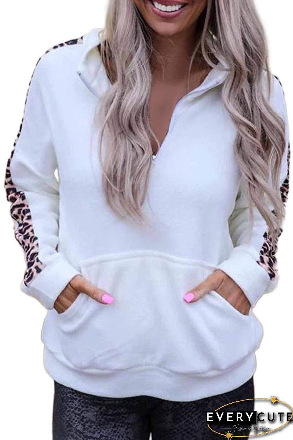 Leopard Detail Zip Collar Sweatshirt