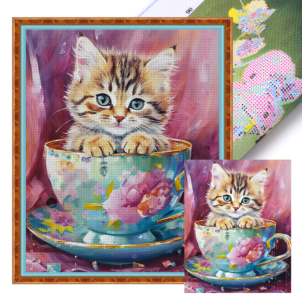 Teacup Cat Full 11CT Pre-stamped Canvas(45*55cm) Cross Stitch