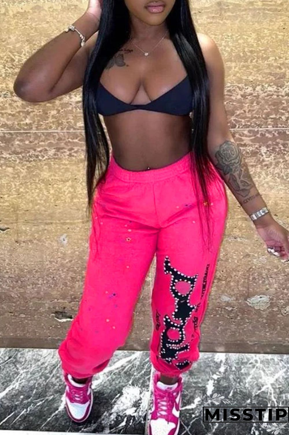 Rose Red Casual Letter Print Patchwork Regular High Waist Conventional Positioning Print Trousers