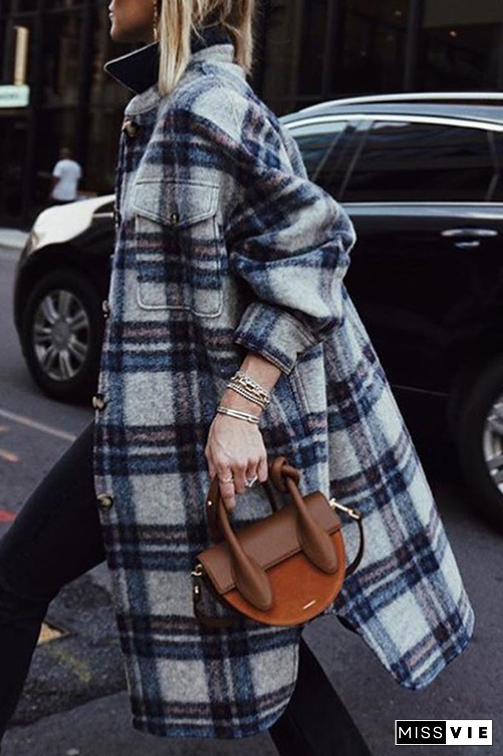Tartan Calf-Length Woolen Coat