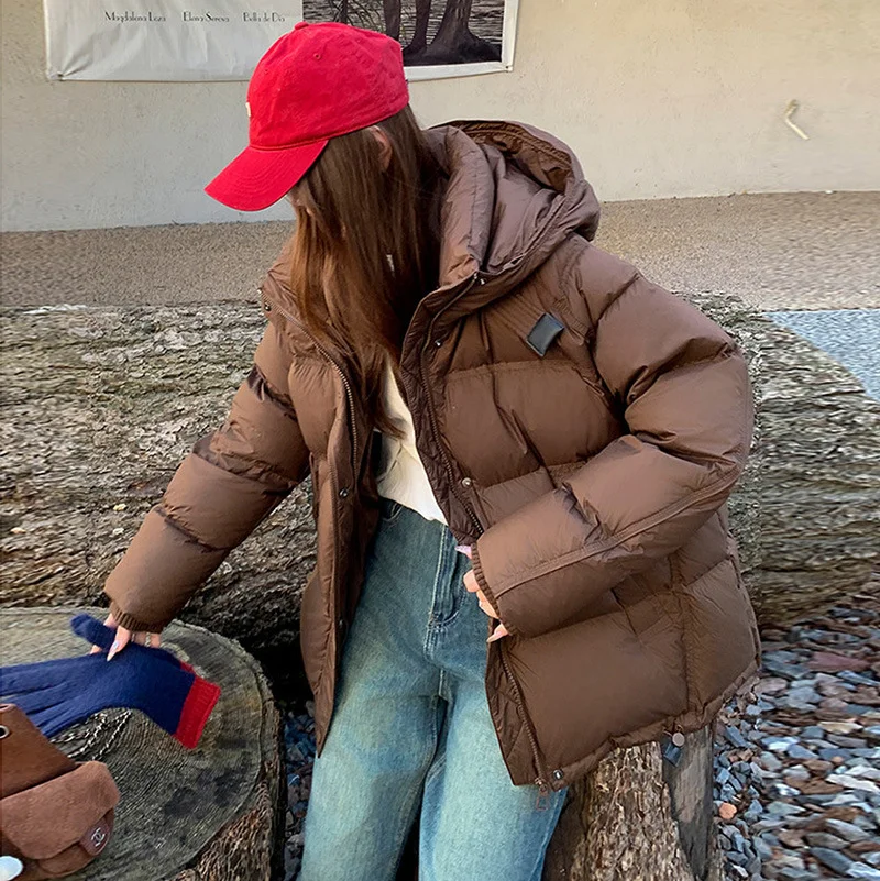 Toloer Hooded Logo Down Jacket Female Short 2024 Winter Fashion Ribbon Warm White Duck Velvet Knitted Sleeve Bread Clothes-Outfit Ideas