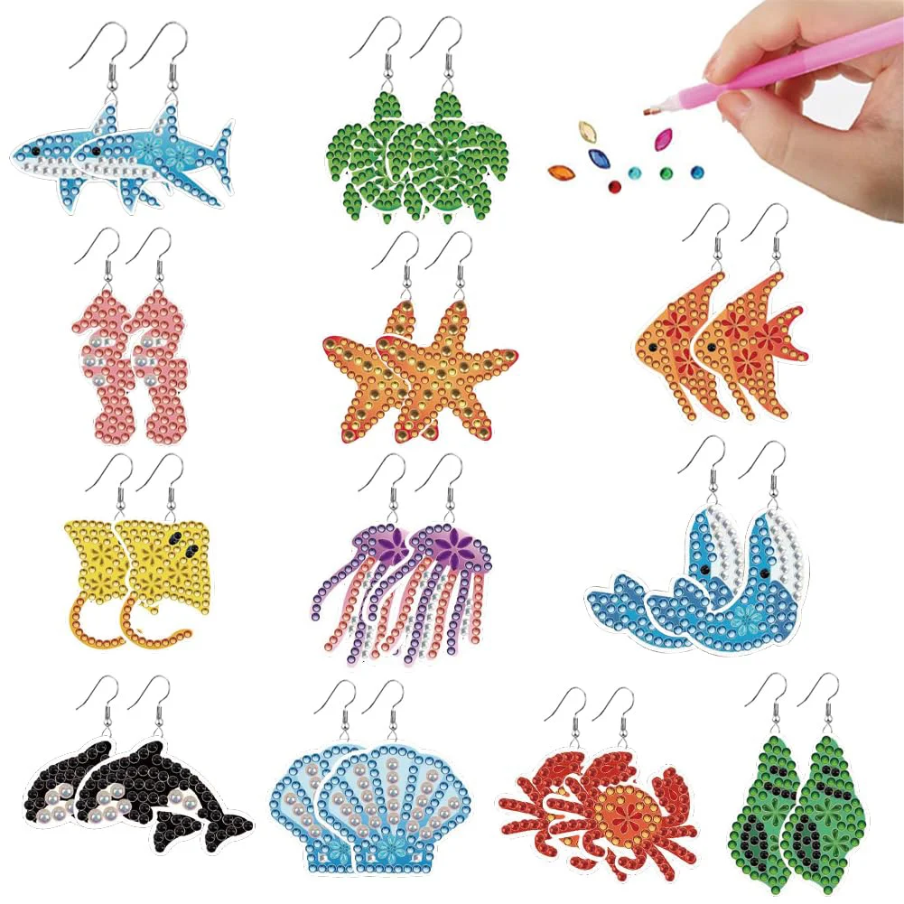 12 Pairs Ocean DIY Diamond Art Earrings Double Sided Diamond Painting Earrings